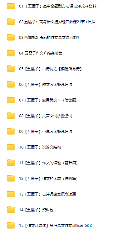 高考语文全攻略:五匪子老师作文、古诗、阅读与选择题专项合集插图(1) 此图像的alt属性为空;文件名为中文系五匪子15套课程.png